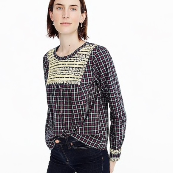 J. Crew Tops - J. Crew | Embroidered Peasant Top Plaid Blouse Med